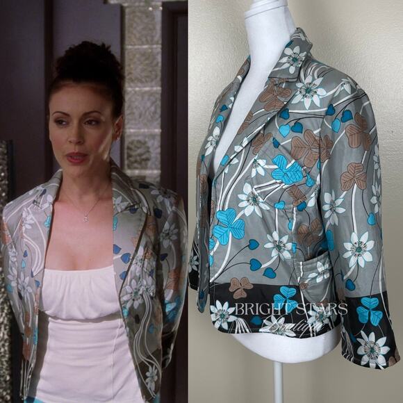 Rare Floral Silk Jacket ASO Phoebe Halliwell Charmed Gray Blue Flower Medium - Picture 2 of 11